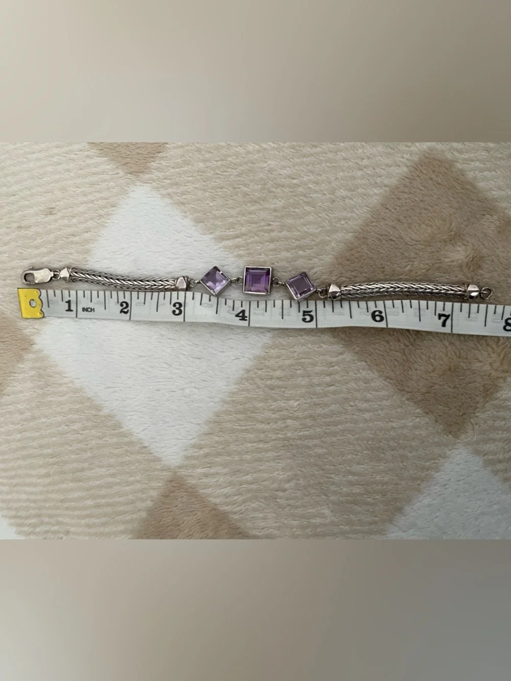 Vintage Lori Bonn 925 Sterling Silver Bracelet Three Purple Square Gemstones